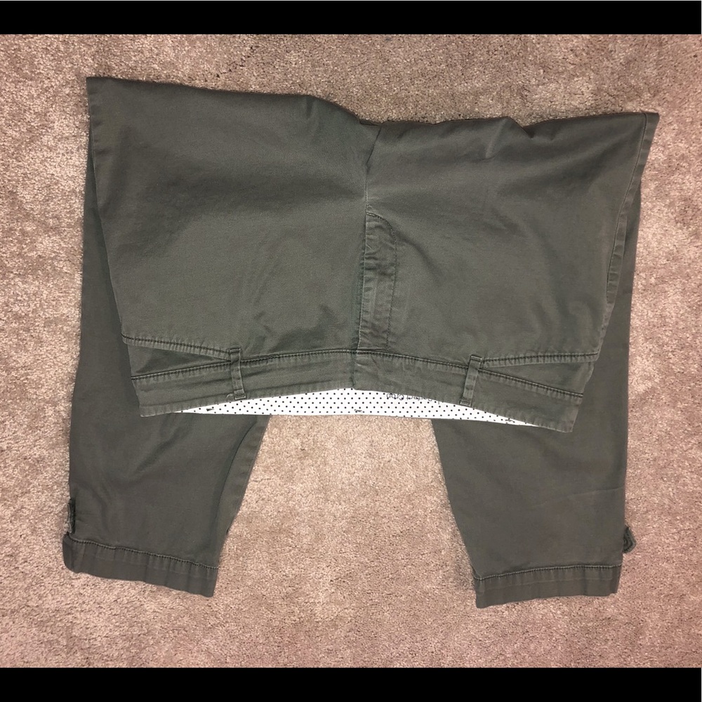 Talbots Perfect Crop pants, size 12P, olive color, with tab button trim at hem.
